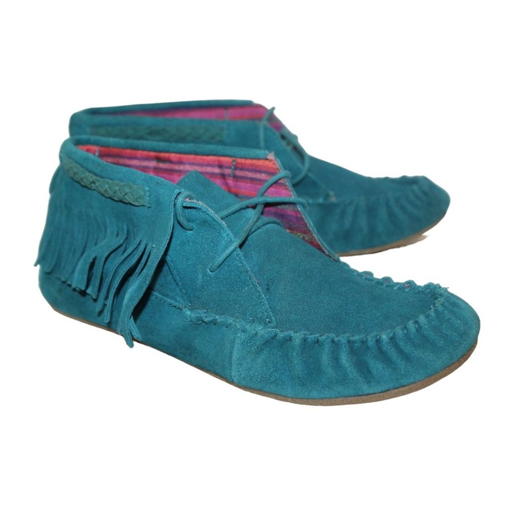MOSSIMO SUPPLY Womens Suede Emerald Fringed MOCCASINS / SHOES Lace-Up Sz 10